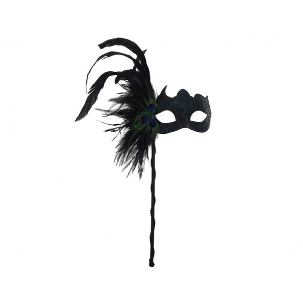 Black Venitian Mask with Feathers Accent and Handle