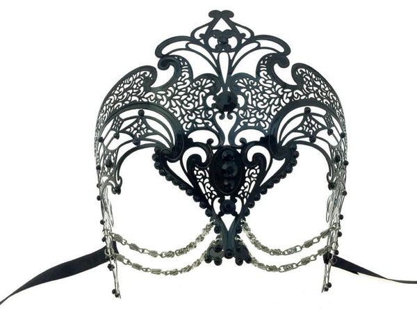 Laser Cut Black Mask with Silver Chains